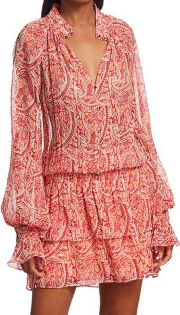 Ramy Brook Paisley Printed Ruffle Mini Dress Blouson 100% Silk Bright Red XS
